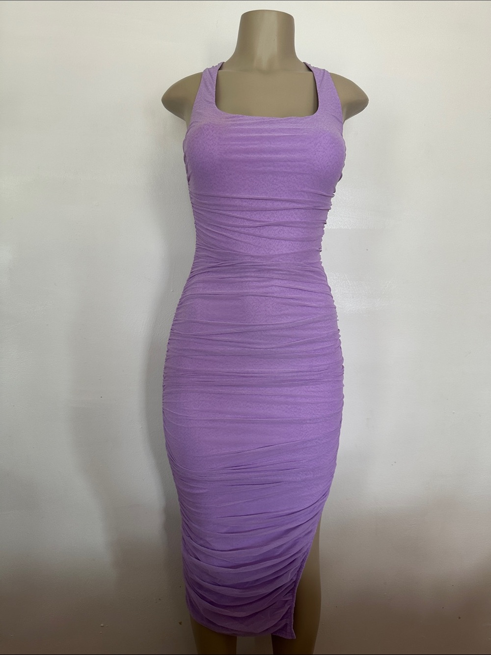 Ruched Square-Neck Midi Dress in Lavender